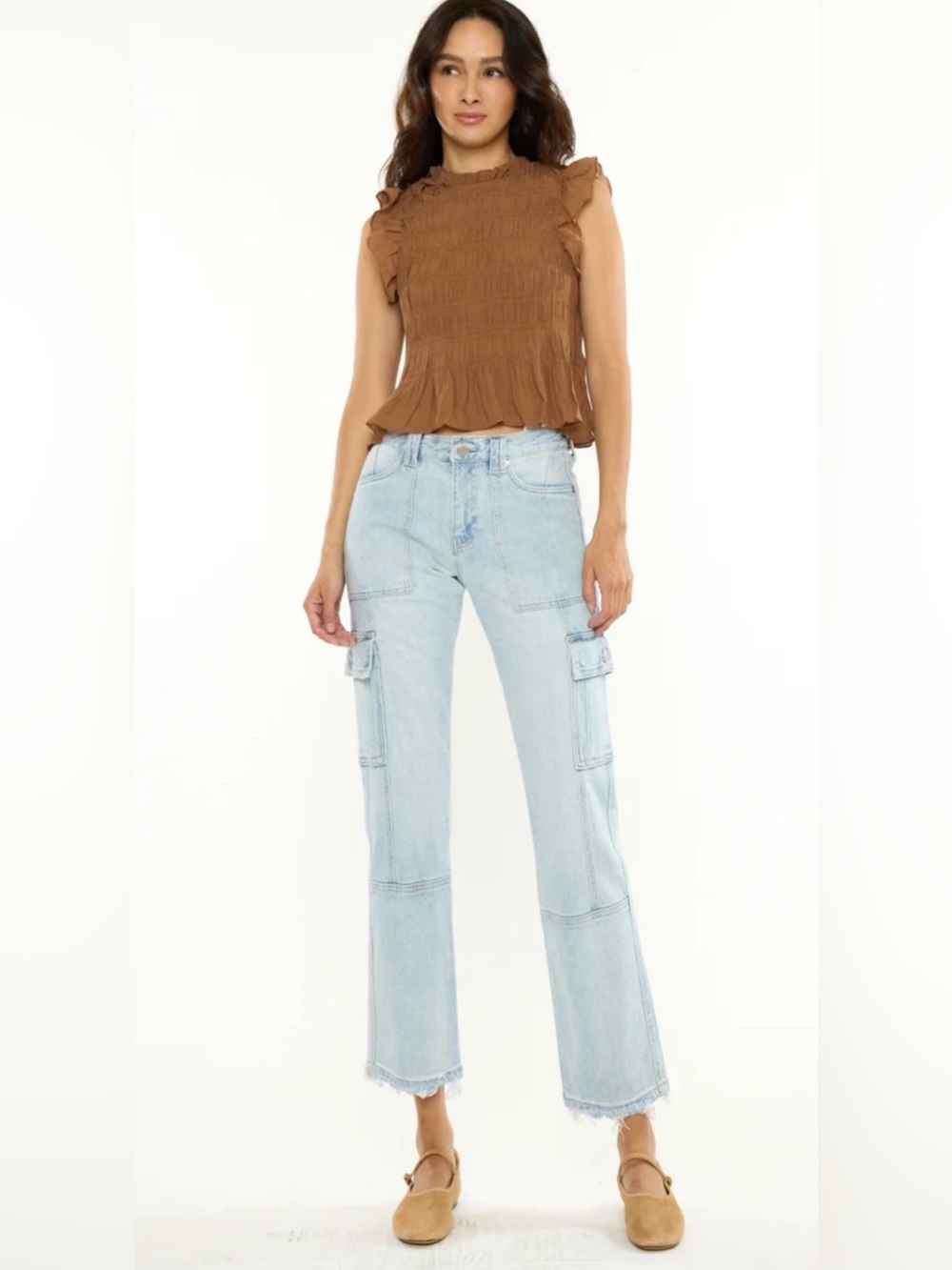 New Felicity High Rise Slim Straight Cargo Jeans Light Wash Size 9/28. KC7843L